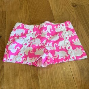 Lilly Pulitzer shorts with elephants embroidered circles down the front
